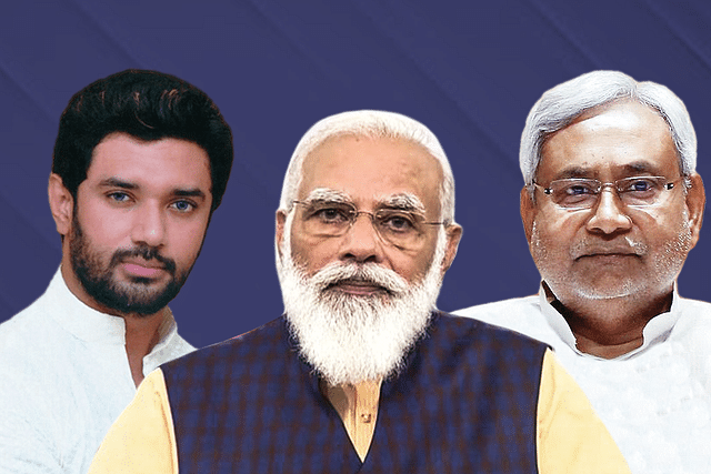 From left, LJP chief Chirag Paswan, Prime Minister Narendra Modi and Bihar Chief Minister Nitish Kumar.