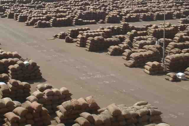 Foodgrains stored at a market yard.