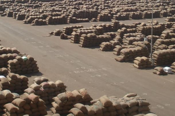 Foodgrains stored at a market yard.