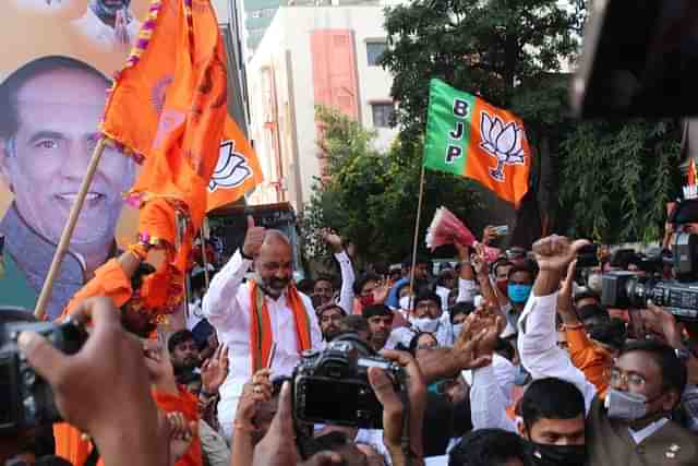 BJP Telangana chief Bandi Sanjay Kumar at an election rally.