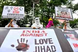 Women at a rally against love jihad. (Mujeeb Faruqui/Hindustan Times via Getty Images)