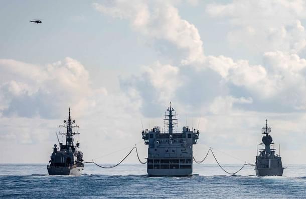 USS John S. McCain, Japan’s JS Onami and Australia’s HMAS Ballarat conduct a replenishment-at-sea with India’s INS Shakti in the Indian Ocean.  (US Pacific Fleet)