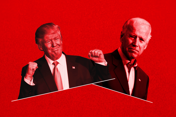 US President Donald Trump and Democratic Party’s presidential candidate Joe Biden (right). (Illustration: Swarajya Magazine)  