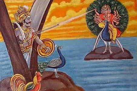 Skanda splitting the tree into two halves with his divine spear.