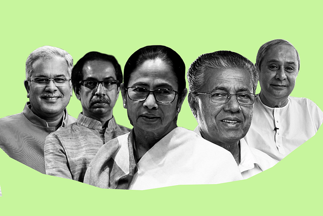 From left to right, Chief Ministers of Chhattisgarh, Maharashtra, West Bengal, Kerala and Odisha. (Illustration: Swarajya Magazine)