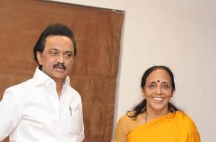 DMK MLA Poongothai Aladi Aruna with DMK president MK Stalin