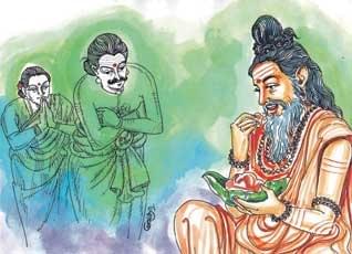 Shiva as Saivaite Mendicant eats finger-millet pudding at Senthanar’s house: image courtesy: Dinamalar