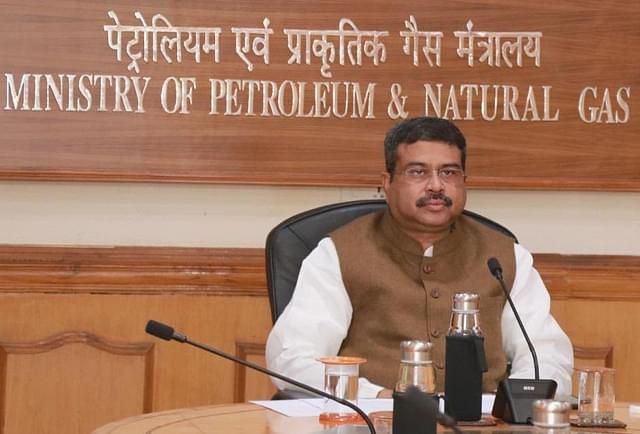 Union Minister of Petroleum and Natural Gas and Minister of Steel Dharmendra Pradhan speaking on “Vision 2030 for oil and gas sector for an Aatmanirbhar Bharat” organised by Swarajya Magazine. (Dharmendra Pradhan/Twitter)