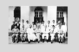 Figure 14. The Drugs Enquiry Committee. Sitting from left to right: Dr B Mukherjee (Assistant Secretary), C Govindan Nayar (Secretary), Father J F Caius, Lt Col R N Chopra (Chairman), H Cooper, Abdul Matin Chaudhury (Source: Indian National Science Academy)