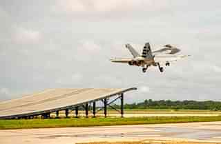 F/A-18 Super Hornet taking off from a ski-jump platform.&nbsp; (Livefist/Twitter)
