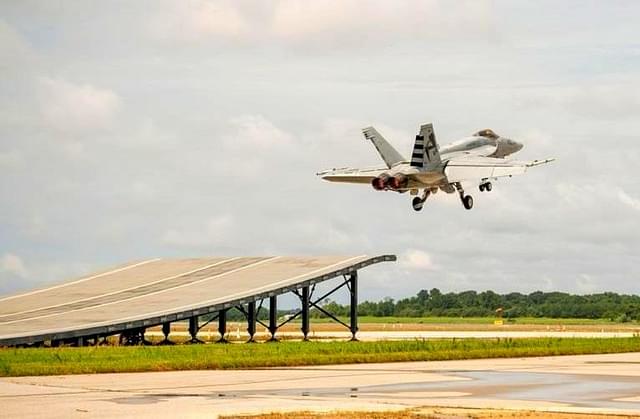 F/A-18 Super Hornet taking off from a ski-jump platform.&nbsp; (Livefist/Twitter)
