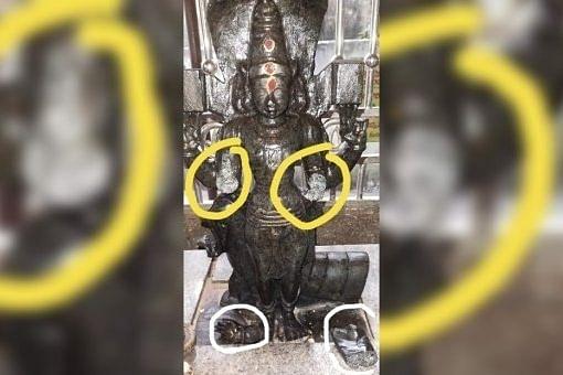 The vandalised idol of Lord Subrahmanya. Credit: Twitter/@RNagothu