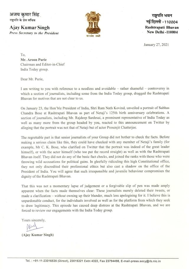 The letter written by the Press Secretary of the President of India Ajay Kumar Singh to Aroon Purie