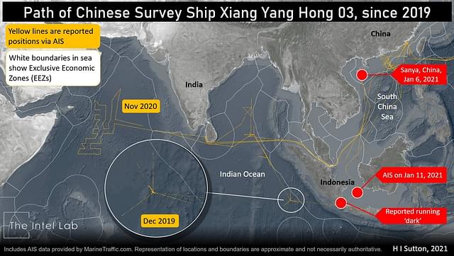 Path of Chinese Survey Ship Xiang Yang Hong 03. (H I Sutton/Twitter)
