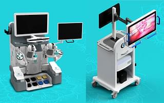 Surgeon command centre, left,&nbsp; and the 3D high-definition display of the SSI MANTRA robotic surgery system.