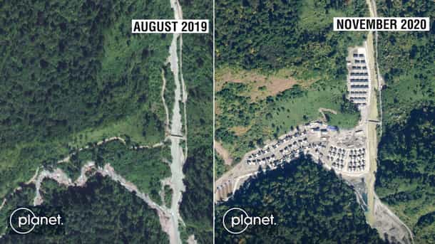 Satellite images showing the construction of a Chinese village in Indian territory. 