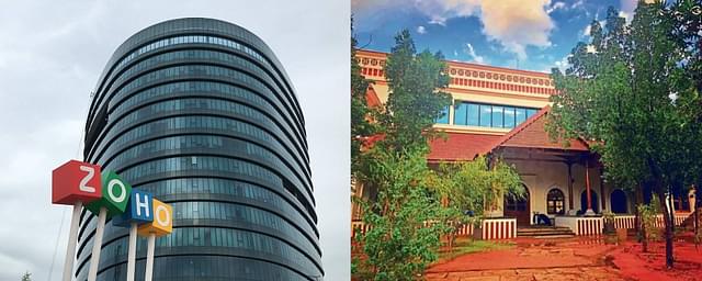 Zoho headquarters  in the Estancia IT Park in Velancheri, Chennai (left) and the development centre in Tenkasi. 