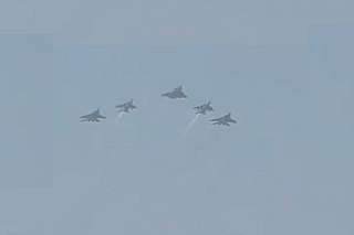 Rafale in the centre, flanked by two Jaguars and MiG-29s