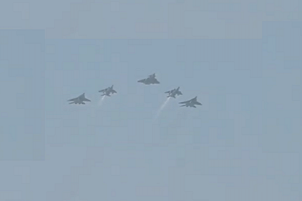 Rafale in the centre, flanked by two Jaguars and MiG-29s