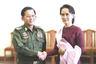 Myanmar military chief General Min Aung Hlaing with de facto leader Aung San Suu Kyi.&nbsp;