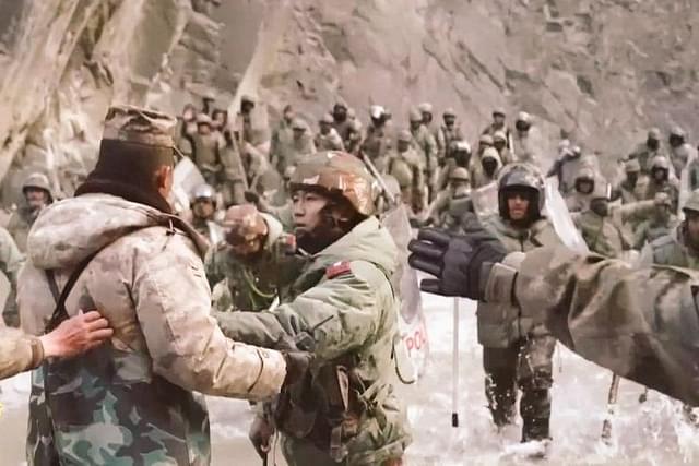 Captain Soiba Maningba Rangnamei of 16 Bihar Regiment pushes back a Chinese soldier in eastern Ladakh's Galwan River Valley. 

