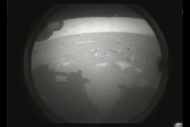 The first image captured and relayed after the Perseverance rover touched down on the surface of Mars. (Photo: NASA/Twitter)