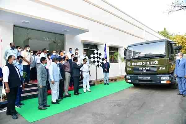 Dr G Satheesh Reddy, Chairman of DRDO flagging off LRSAM Missiles at Hyderabad (Prasar Bharati News Services)