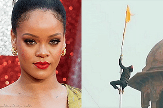 Rihanna - left, Farmer Protester raising a Sikh flag at Red Fort - right