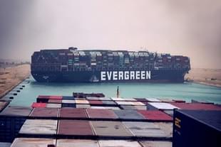 A Container ship stuck sideways has blocked the traffic at Suez Canal (Pic Via Twitter)