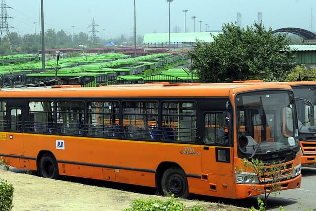 DTC and DIMTS Cluster Buses parked at the Indraprastha Terminal (Sonu Mehta/Hindustan Times via Getty Images)