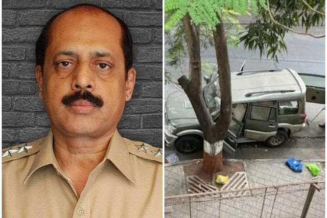 Sachin Vaze (L) and the abandoned SUV with explosives found near Ambani’s house (R) (Source: @Viren24901409/Twitter)