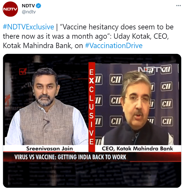 NDTV tweet on Uday Kotak statement