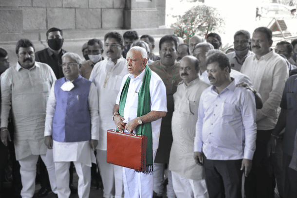 Karnataka CM BS Yediyurappa and his Cabinet before the budget presentation.