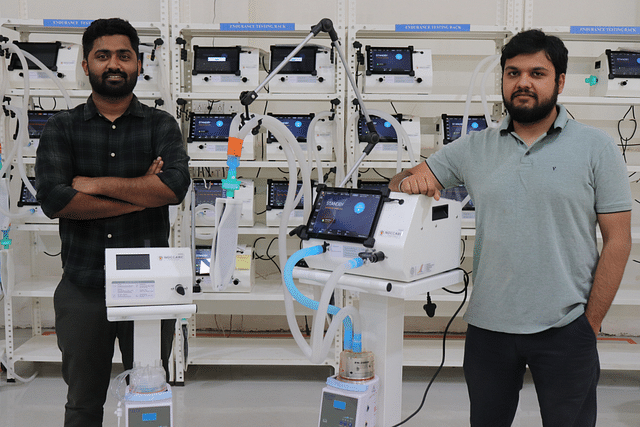 Nocca Robotics founders Nikhil Kurele (left) and Harshit Rathore (right) with their ventilator V310