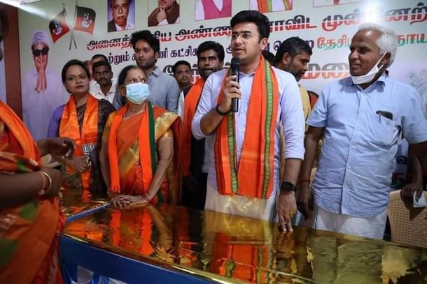 BJP MP from Karnataka Tejasvi Surya speaking at a rally.