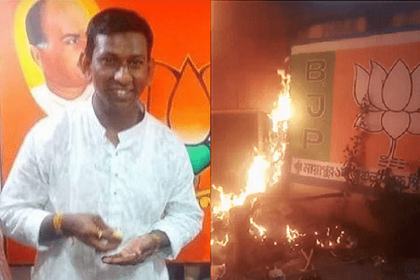 Slain BJP worker Abhijit Sarkar - left, BJP officer set ablaze in Arambagh - right 