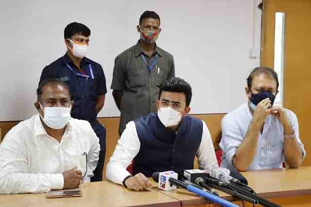MP Tejasvi Surya with MLAs Satish Reddy and Uday Garudachar