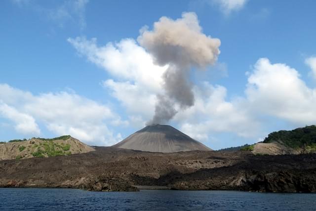 Barren Island volcano spewing gases and ash.