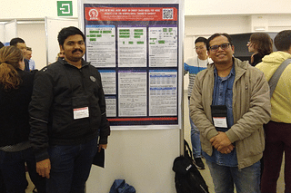 Dr Amrith Krishna (left) and Dr Pawan Goyal presenting their work at EMNLP 2018 (Brussels).