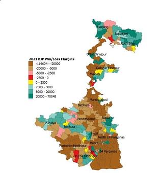 Map 3: BJP win/loss margins in West Bengal assembly elections 2021