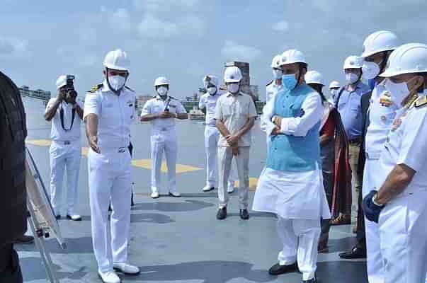 Defence Minister Rajnath Singh reviewing construction of the first Indigenous Aircraft Carrier, INS Vikrant (@rajnathsingh/Twitter)