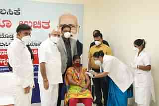 CM B S Yediyurappa with Health Minister Dr S Sudhakar at the launch of the mega vaccination drive on Tuesday
