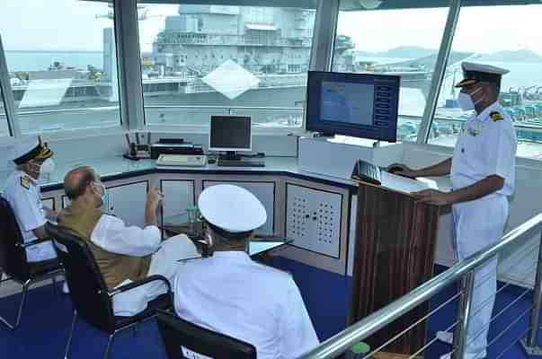 Defence Minister Rajnath Singh reviewing progress at Karwar Naval Base (@rajnathsingh/Twitter)