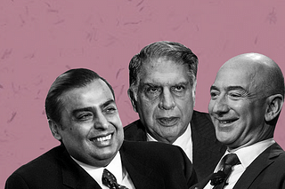 Mukesh Ambani (left), Ratan Tata (center) and Jeff Bezos (right)