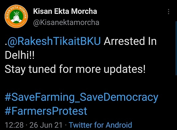 Claims Of Farmer Leader Rakesh Tikait's Arrest Is Fake News, Clarifies ...