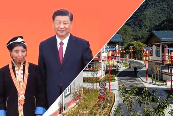 Zhuoga with Xi Jinping after receiving the July 1 Medal (left); a Chinese border village in Bhutan (right). 