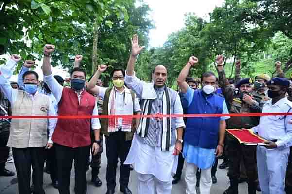 Defence minister Rajnath Singh, Arunachal CM Pema Khandu and Assam CM Himanta at the event (@rajnathsingh/Twitter)