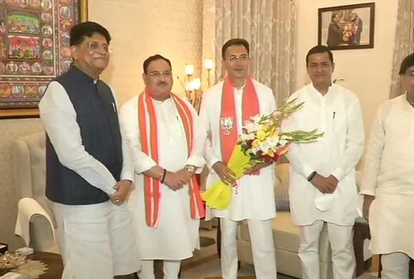 Congress leader Jitin Prasada with Union Minister Piyush Goyal and BJP chief JP Nadda after joining BJP (ANI)