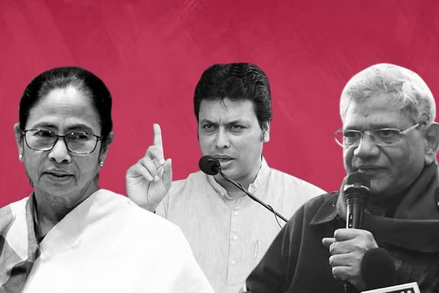 West Bengal CM Mamata Banerjee (left), Tripura CM Biplab Deb (centre) and CPI(M) leader Sitaram Yechury (right)