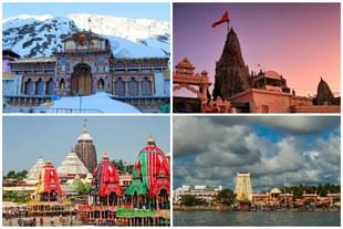 The destinations to be covered are (clockwise from top-left) Badrinath, Dwarakadish, Rameswaram and  Puri Jagannath, among others.